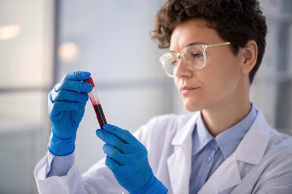 A scientist in a lab coat, safety glasses, and blue gloves examines a vial of blood in a laboratory setting.