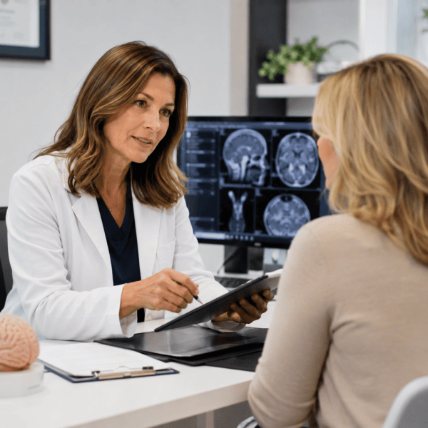 A doctor in a white coat discusses results with a patient, using a tablet. Brain scans are visible on a monitor in the background, and a brain model sits on the desk.