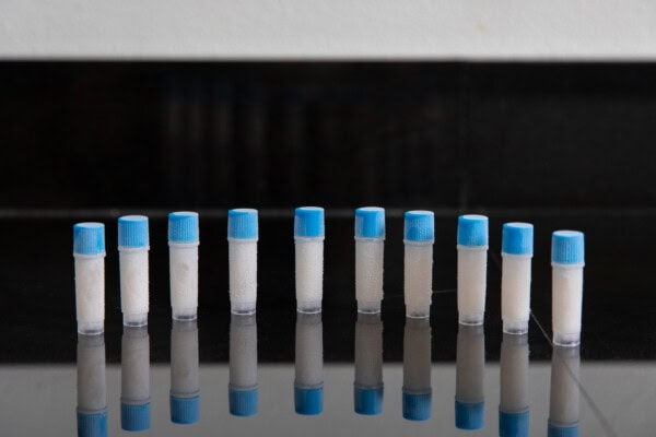 Eleven small clear plastic vials with blue caps, each containing a white powdery substance, are lined up on a black reflective surface against a white and black background.