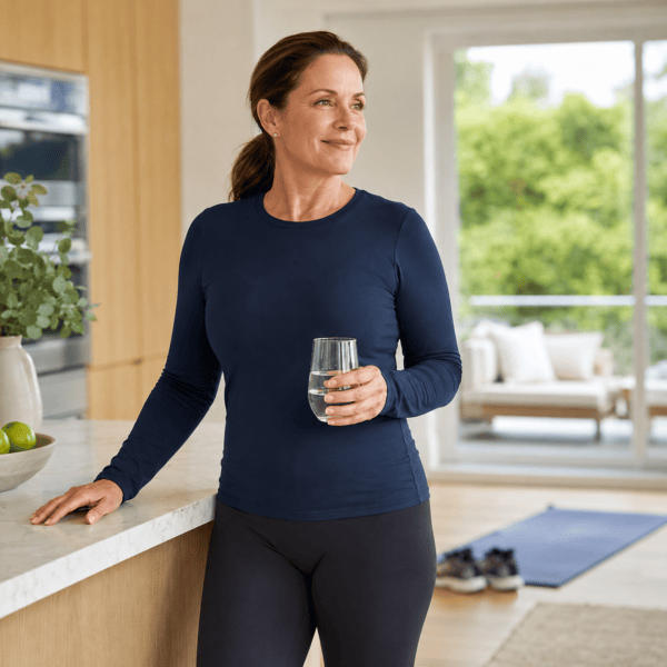 Woman in athletic wear stands in a bright kitchen, holding a glass of water, with yoga mat and shoes visible in the background, suggesting a post-workout moment.