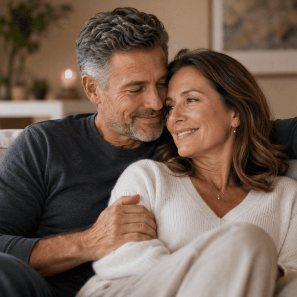 A smiling middle-aged couple sits close together on a couch, embracing and looking into each other’s eyes warmly in a cozy, softly lit living room.